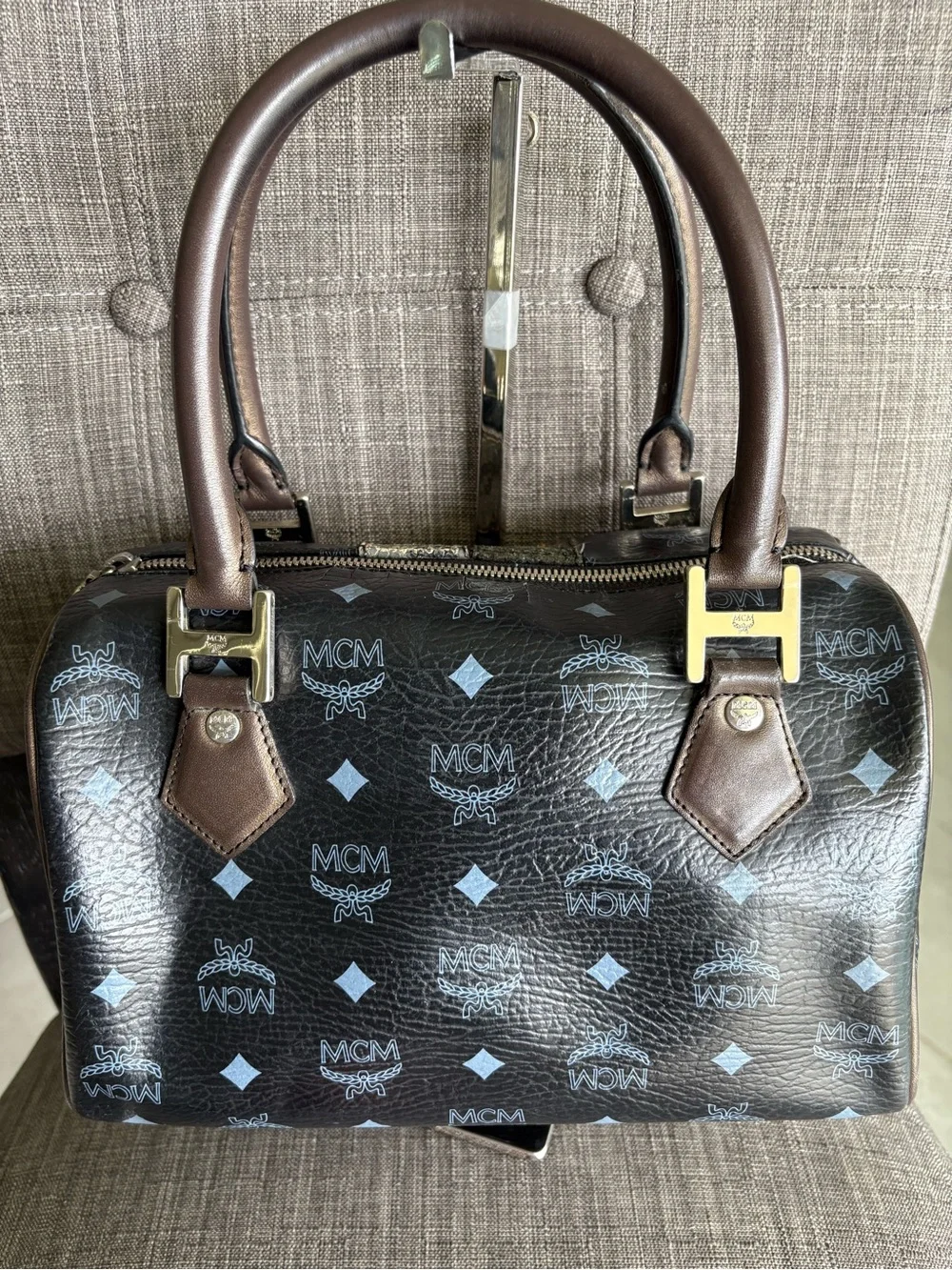 MCM Black Leather Logo Satchel with Brown Handles and Gold Hardware